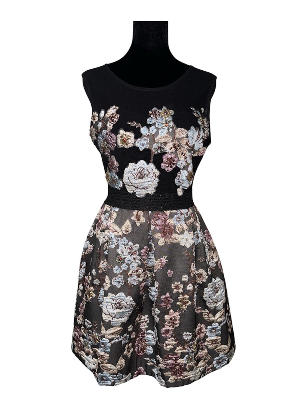 Sleeveless Women’s Black Floral A-Line Wedding Guest Dress Size M